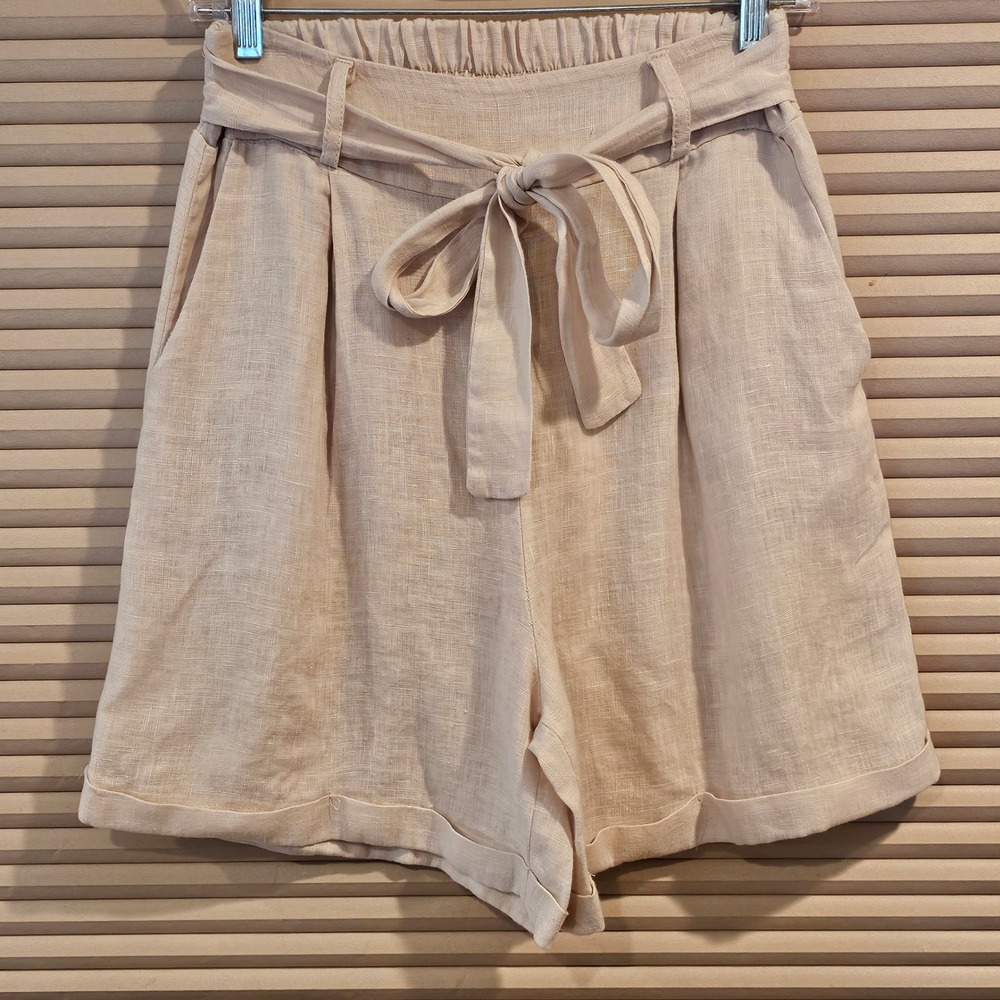 Civico 51 Womens Beige 100%‎ Linen Tie Waist Cuffed Shorts Made in Italy Size M